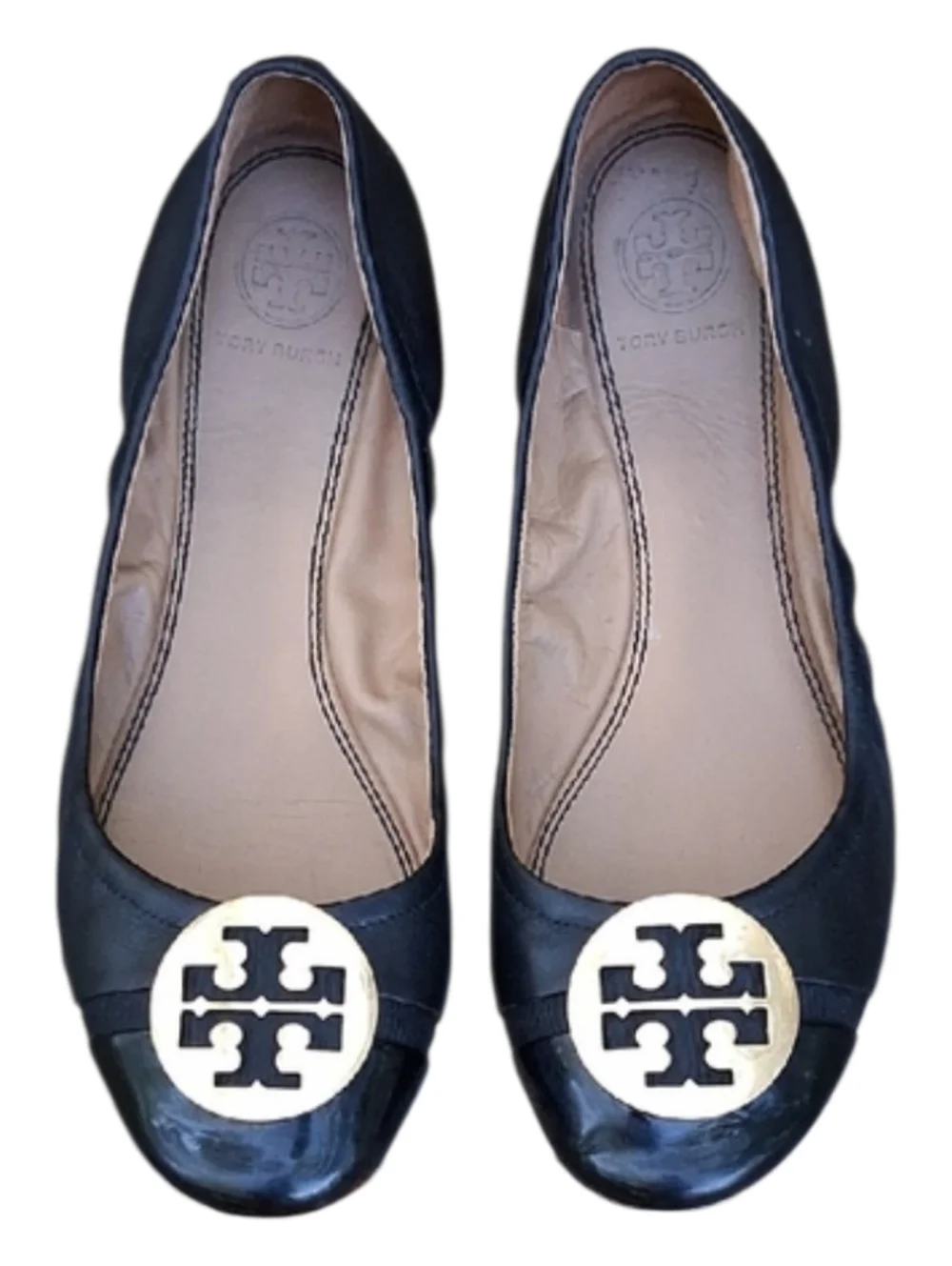 Tory Burch Minnie Travel Ballet Flats Black Leather Patent Cap Toe Size 8